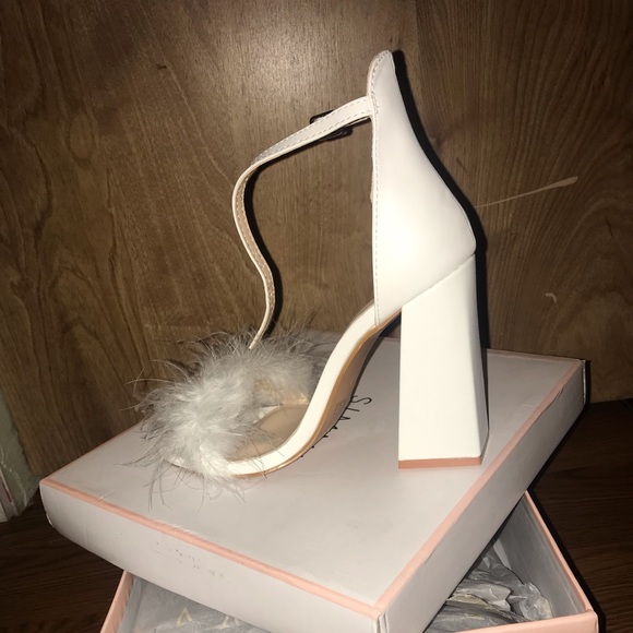 white fluffy block heels